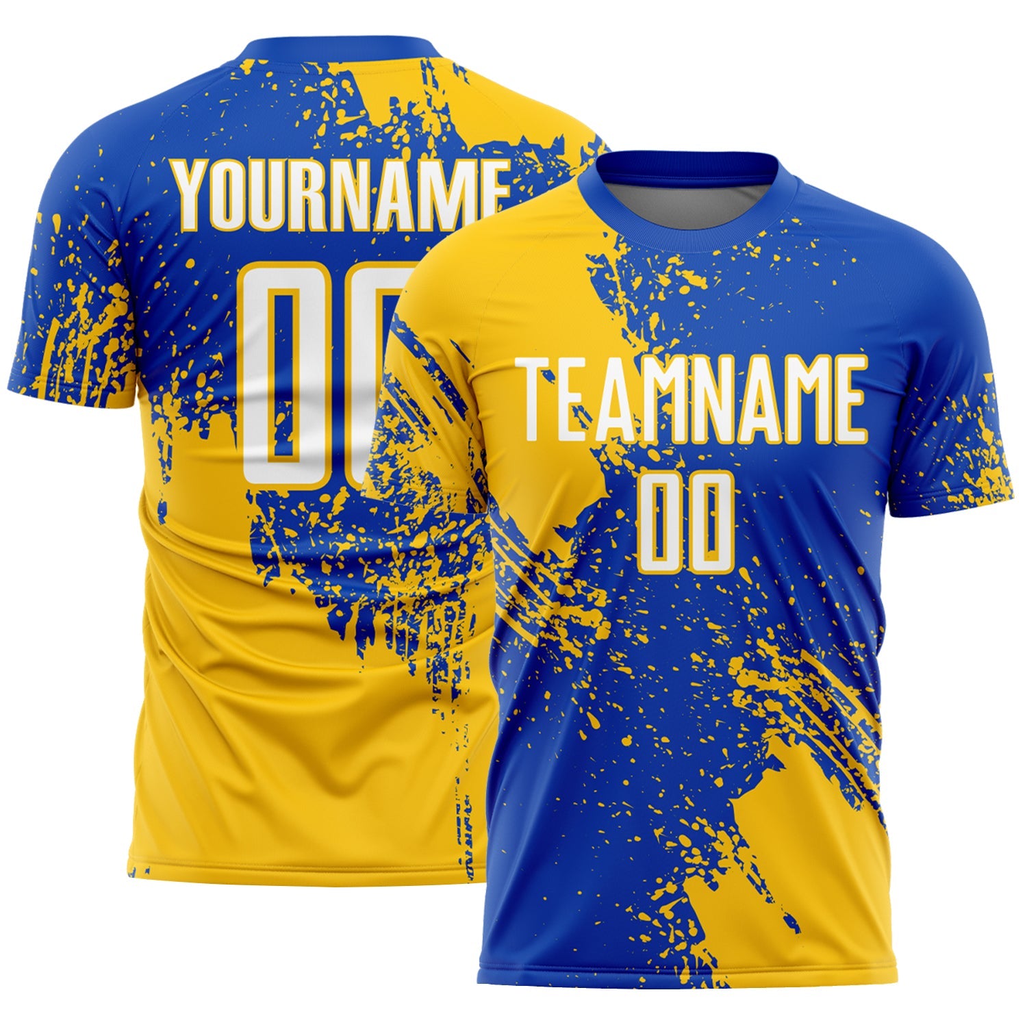 Custom Thunder Blue White-Yellow Abstract Brush Stroke Sports Sublimation Soccer Uniform Jersey - Main View