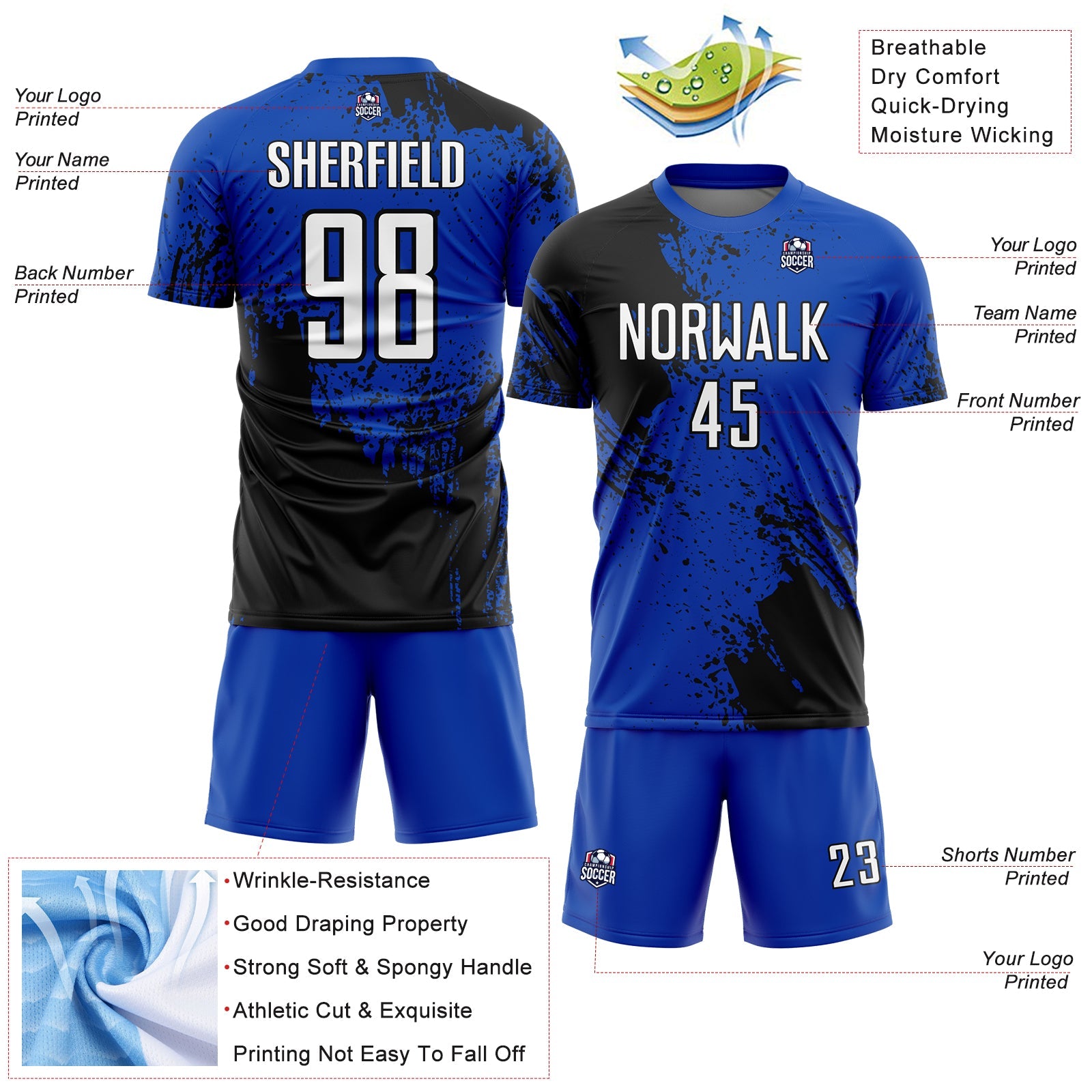 Custom Thunder Blue White-Black Abstract Brush Stroke Sports Sublimation Soccer Uniform Jersey view 4