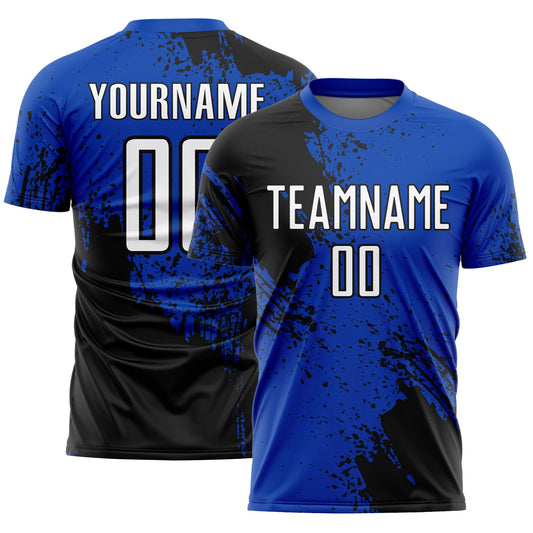 Custom Thunder Blue White-Black Abstract Brush Stroke Sports Sublimation Soccer Uniform Jersey - Main View