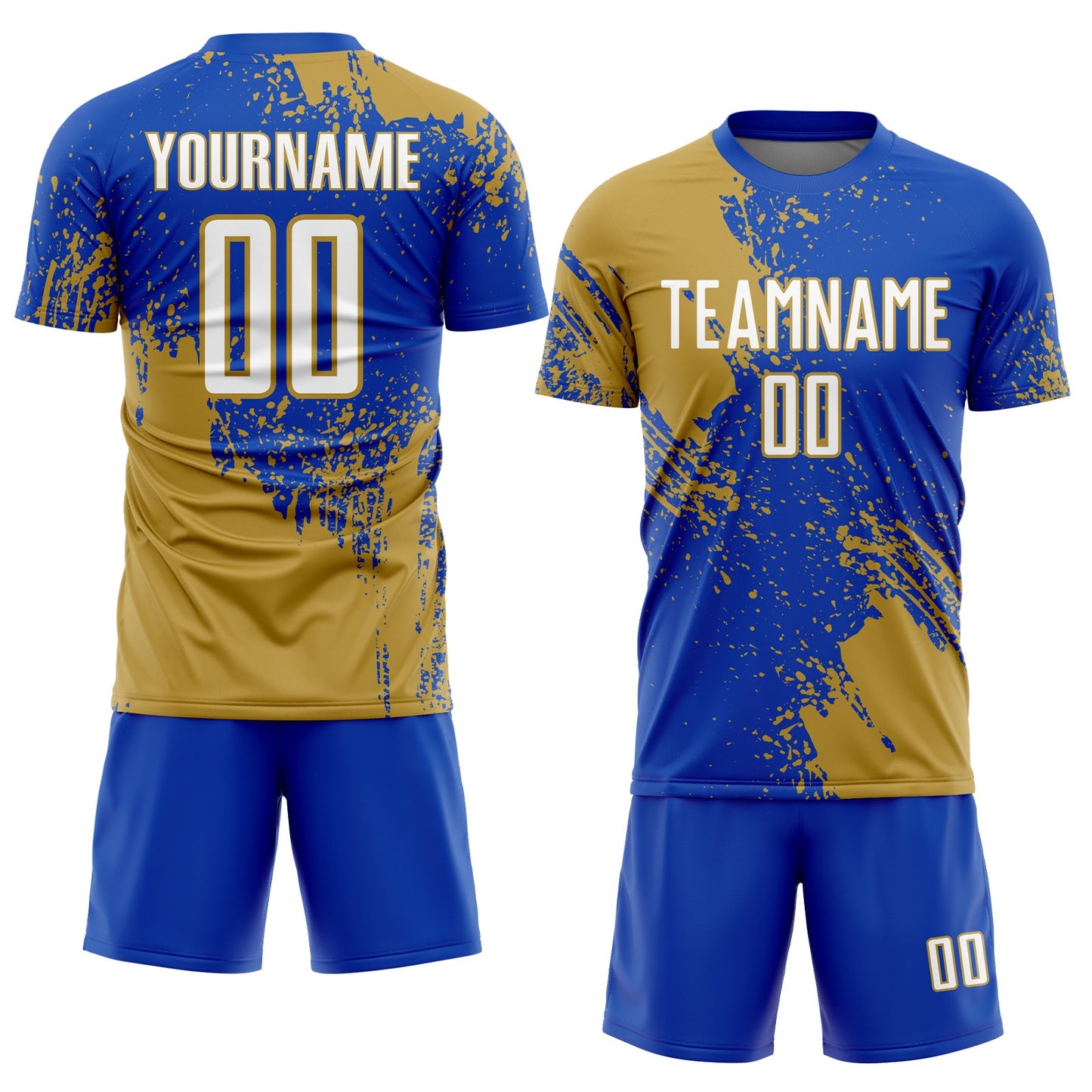 Custom Thunder Blue White-Old Gold Abstract Brush Stroke Sports Sublimation Soccer Uniform Jersey view 2