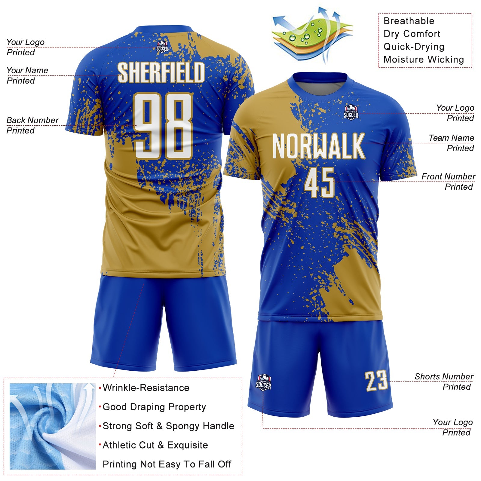 Custom Thunder Blue White-Old Gold Abstract Brush Stroke Sports Sublimation Soccer Uniform Jersey view 4