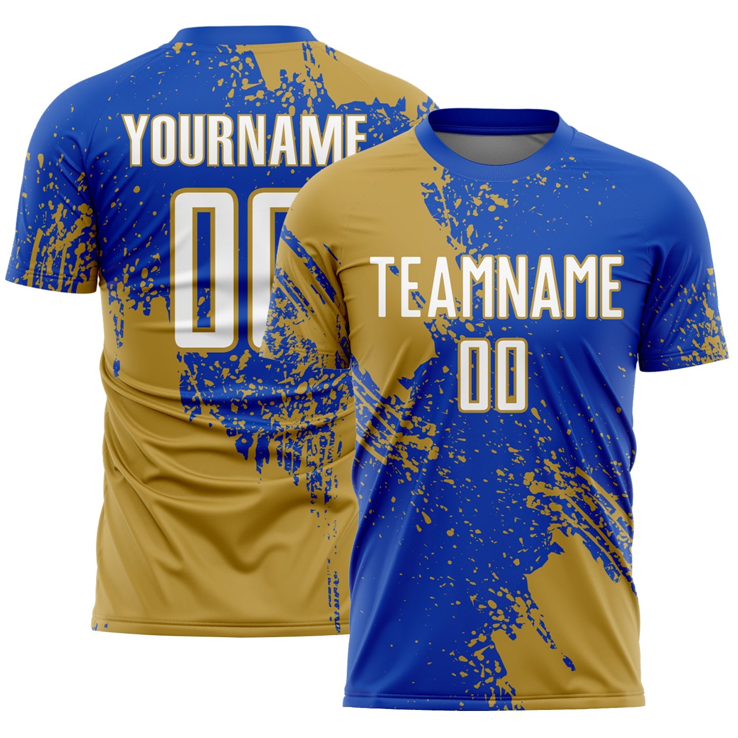 Custom Thunder Blue White-Old Gold Abstract Brush Stroke Sports Sublimation Soccer Uniform Jersey - Main View