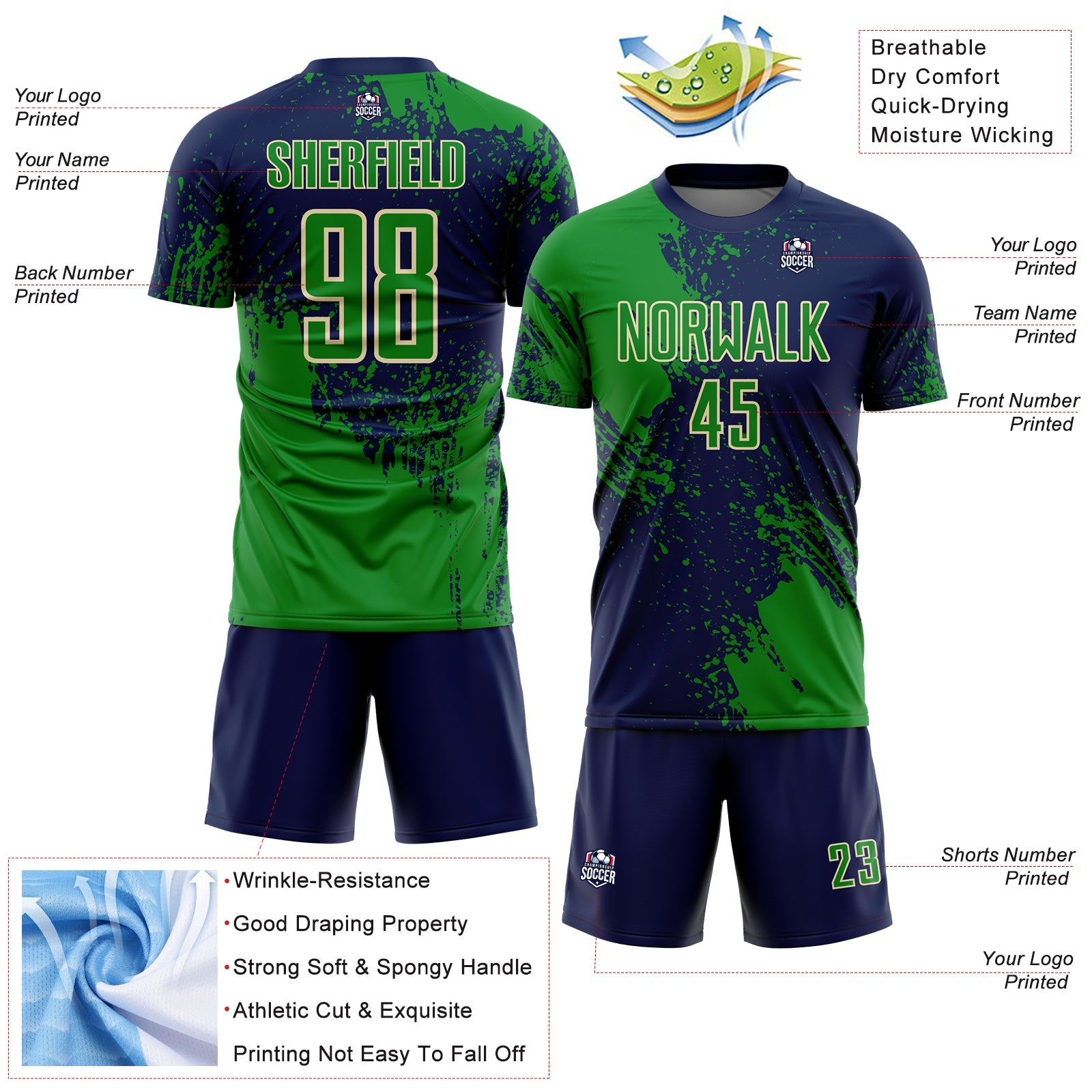 Custom Navy Grass Green-Cream Abstract Brush Stroke Sports Sublimation Soccer Uniform Jersey view 4