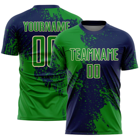 Custom Navy Grass Green-Cream Abstract Brush Stroke Sports Sublimation Soccer Uniform Jersey - Main View