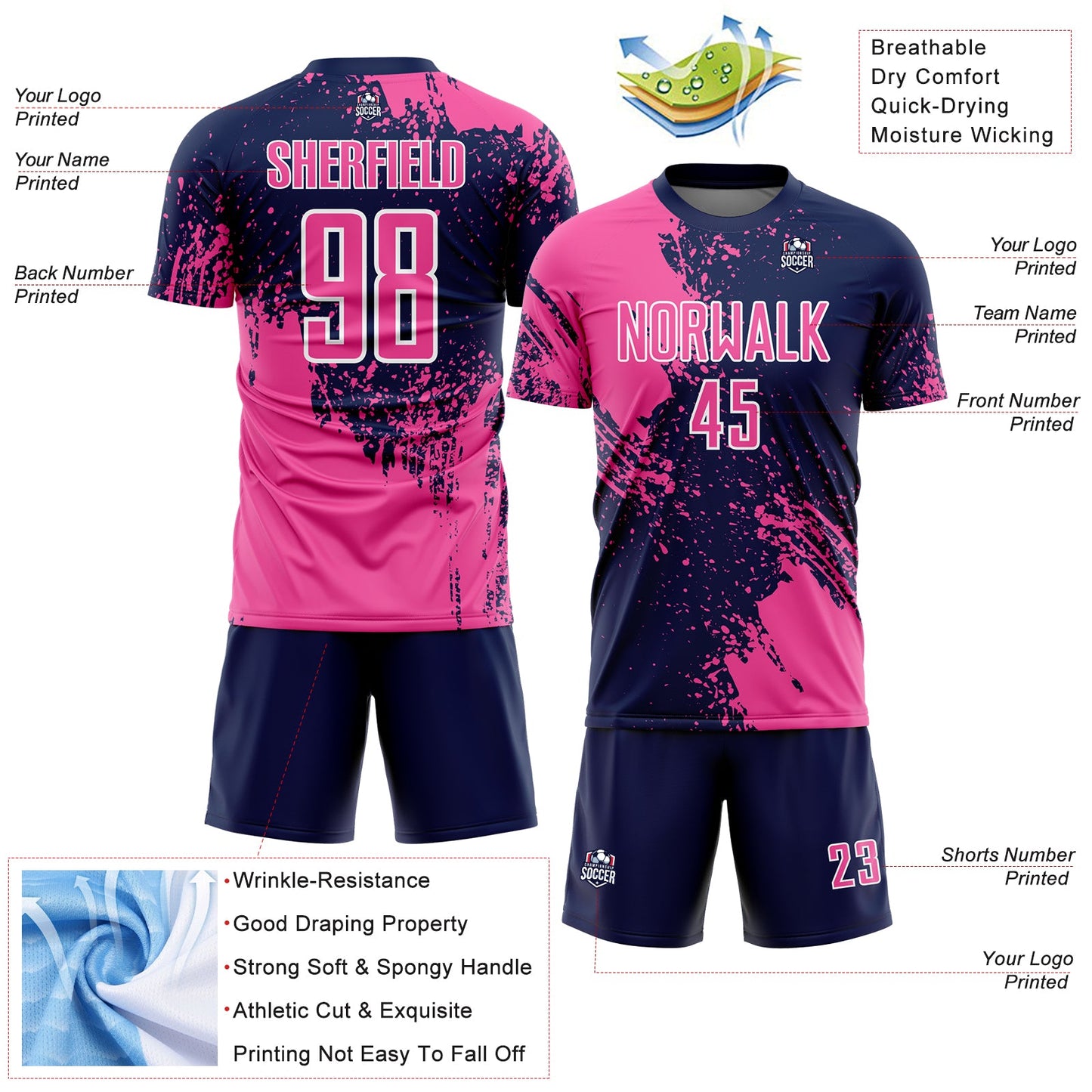 Custom Navy Pink-White Abstract Brush Stroke Sports Sublimation Soccer Uniform Jersey view 4