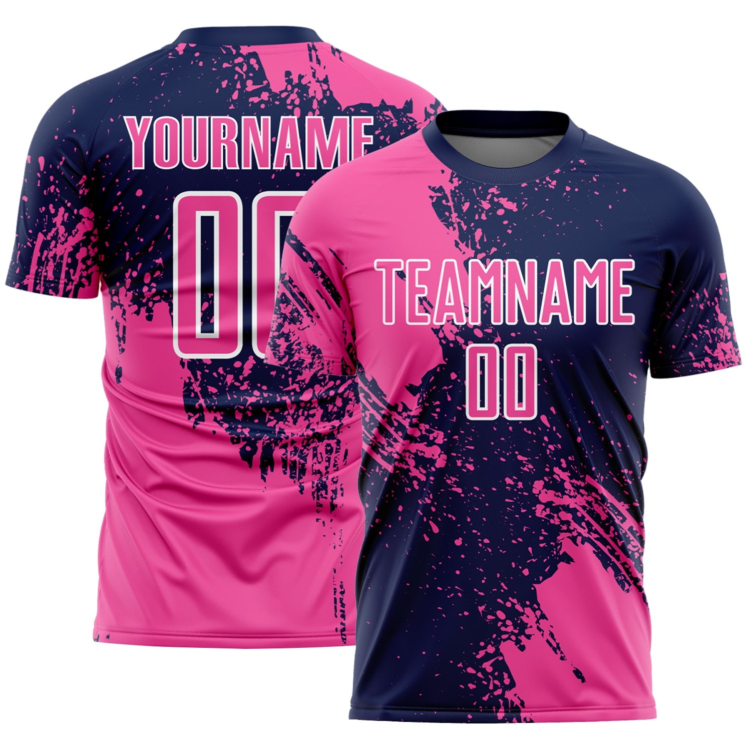 Custom Navy Pink-White Abstract Brush Stroke Sports Sublimation Soccer Uniform Jersey - Main View