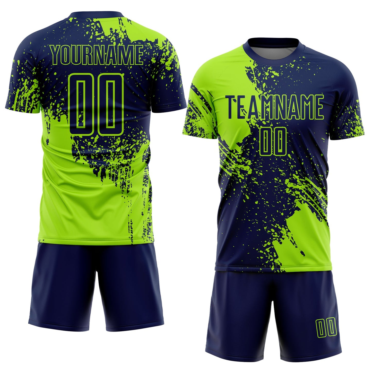 Custom Navy Neon Green Abstract Brush Stroke Sports Sublimation Soccer Uniform Jersey view 2