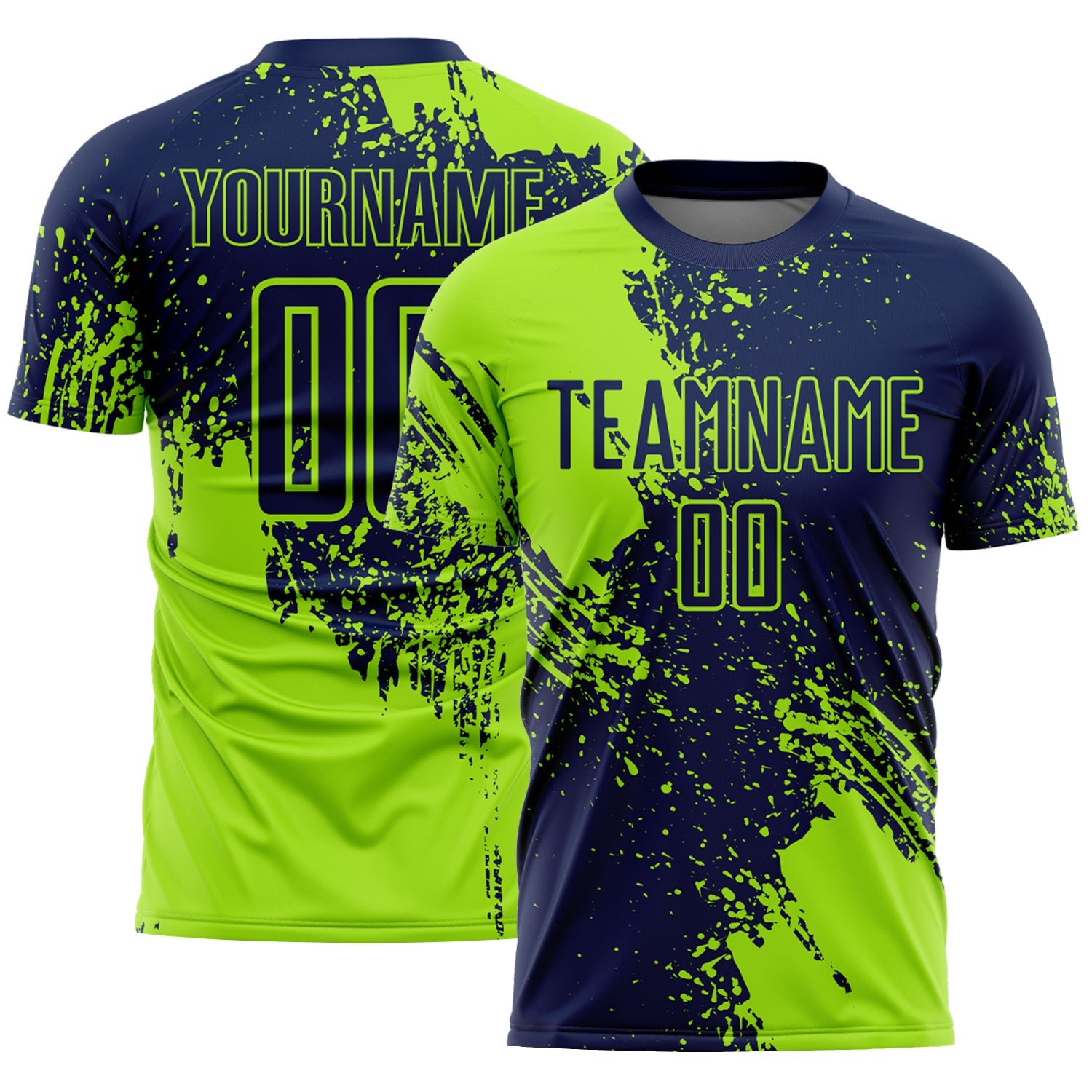 Custom Navy Neon Green Abstract Brush Stroke Sports Sublimation Soccer Uniform Jersey - Main View