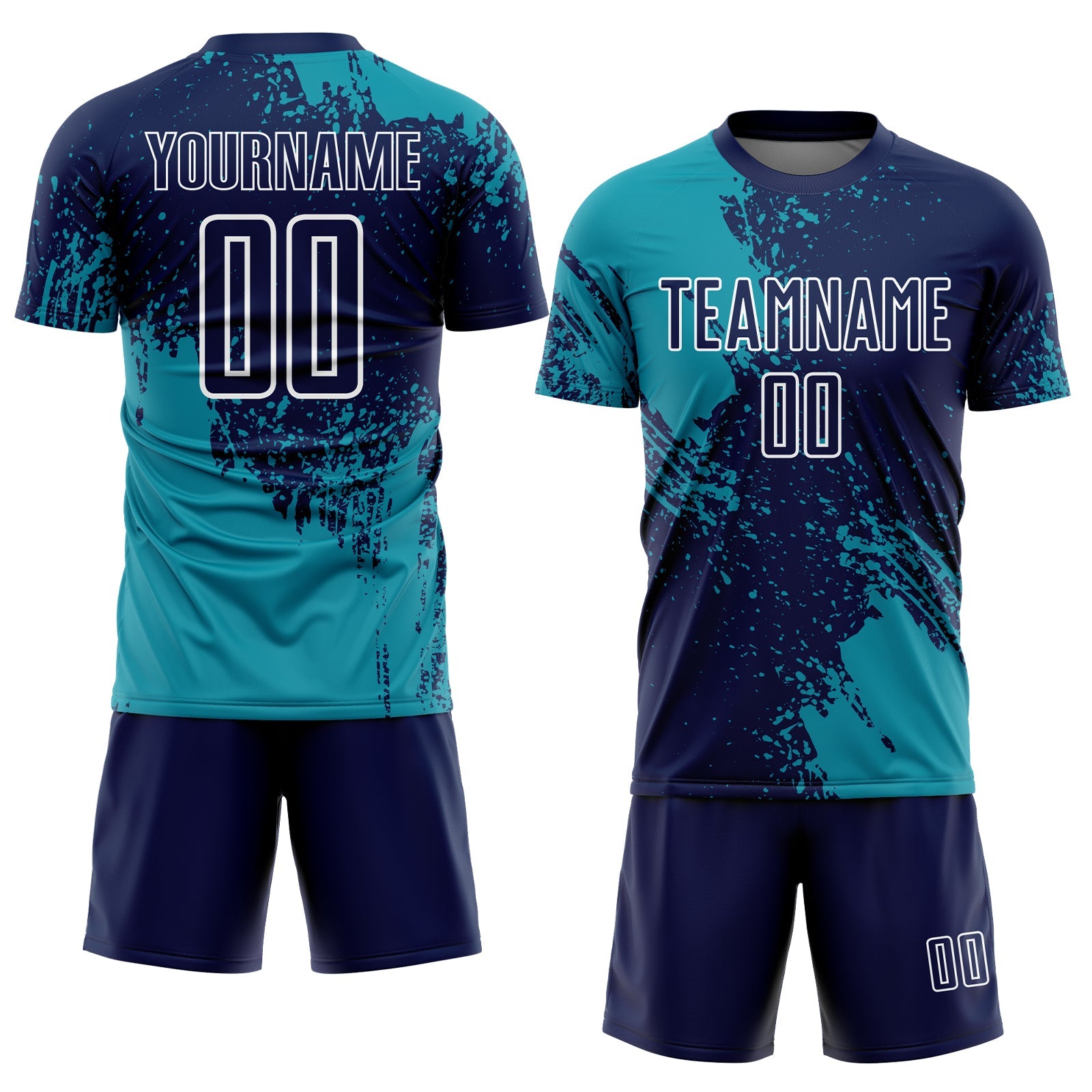 Custom Navy Teal-White Abstract Brush Stroke Sports Sublimation Soccer Uniform Jersey view 2