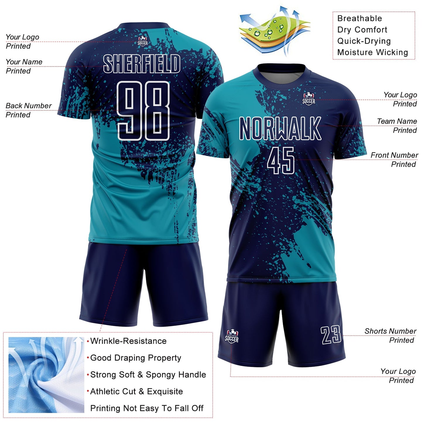 Custom Navy Teal-White Abstract Brush Stroke Sports Sublimation Soccer Uniform Jersey view 4