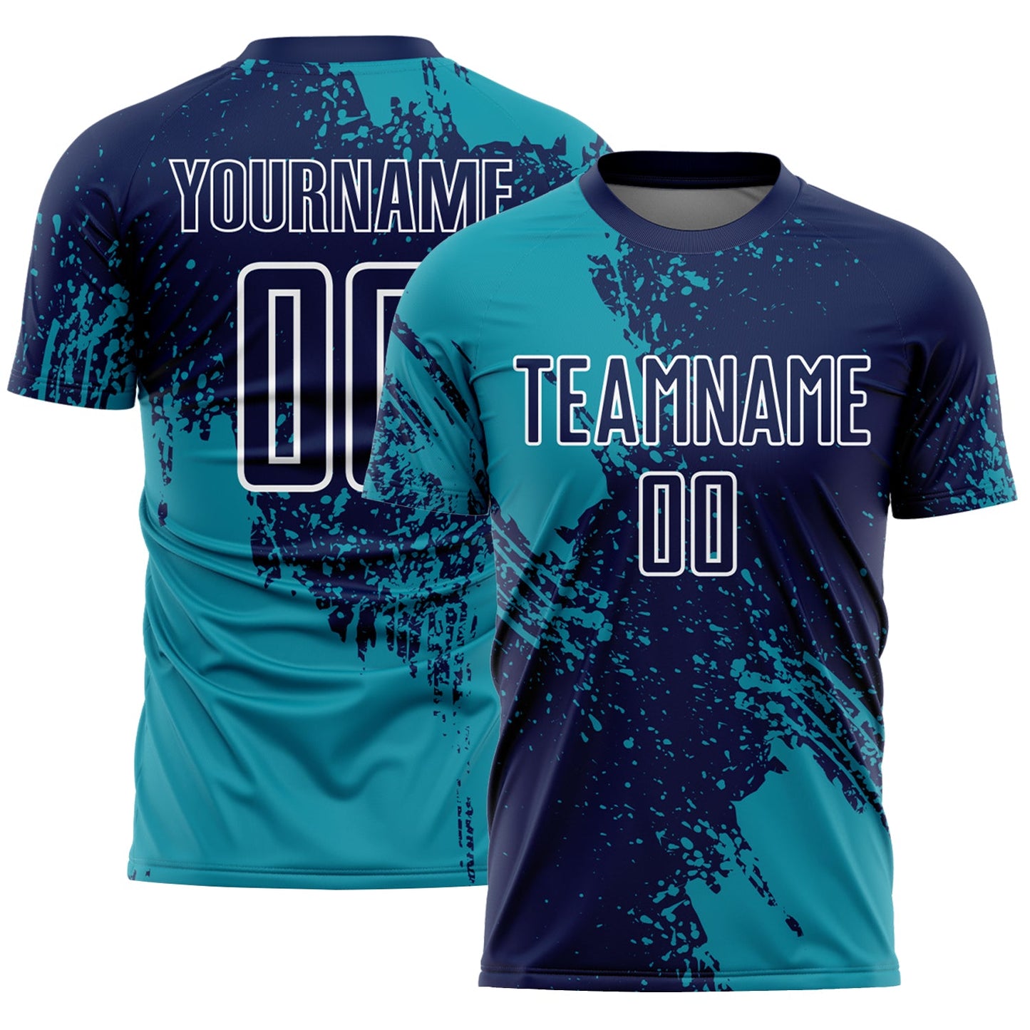 Custom Navy Teal-White Abstract Brush Stroke Sports Sublimation Soccer Uniform Jersey - Main View