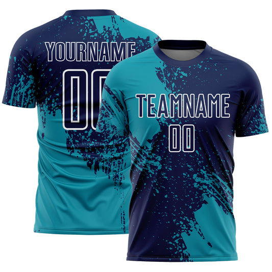 Custom Navy Teal-White Abstract Brush Stroke Sports Sublimation Soccer Uniform Jersey - Main View