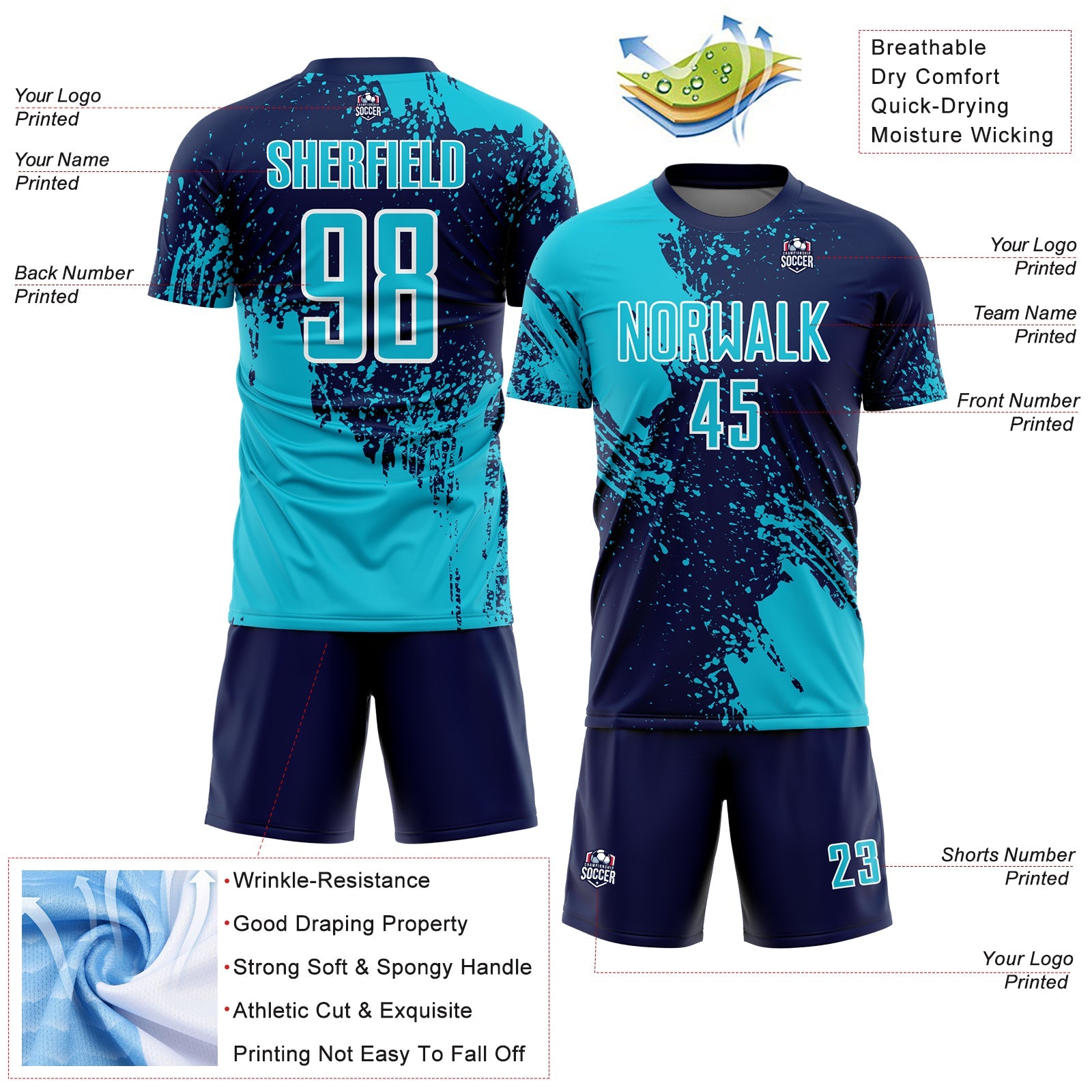 Custom Navy Lakes Blue-White Abstract Brush Stroke Sports Sublimation Soccer Uniform Jersey view 4