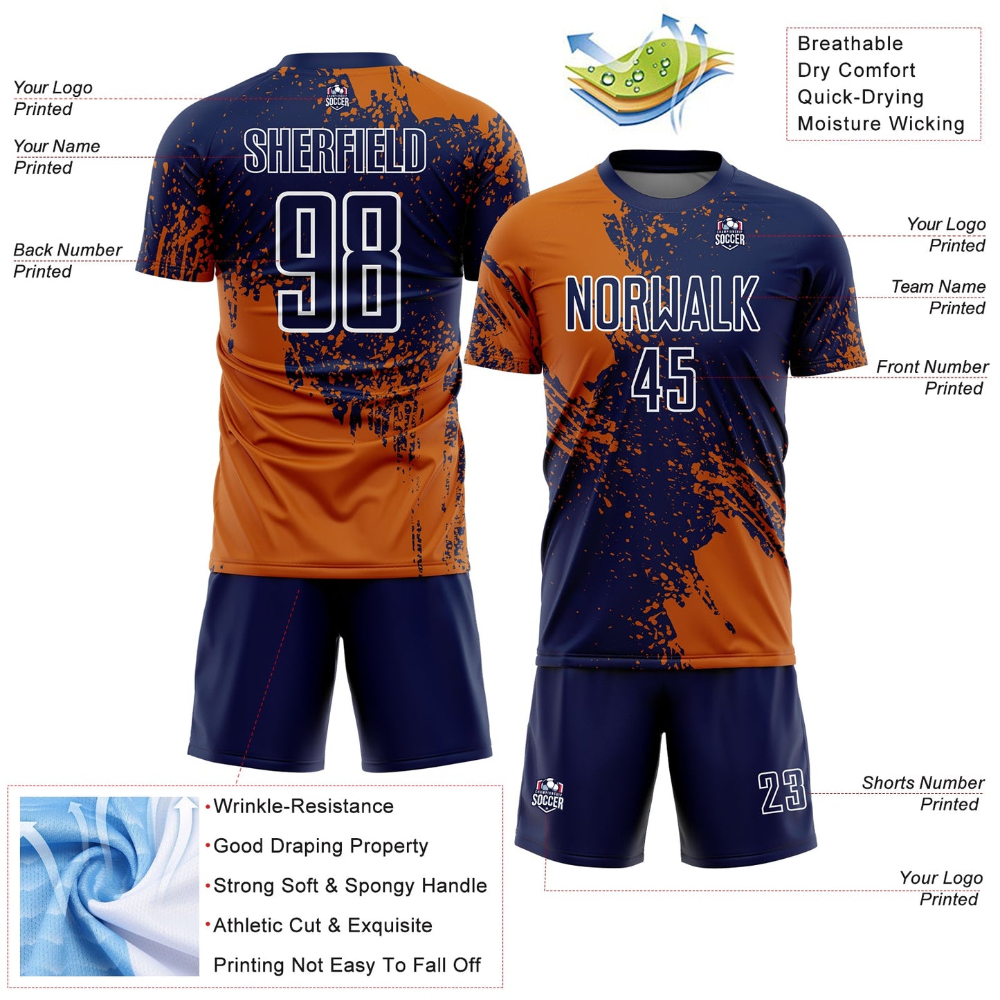 Custom Navy Texas Orange-White Abstract Brush Stroke Sports Sublimation Soccer Uniform Jersey view 4