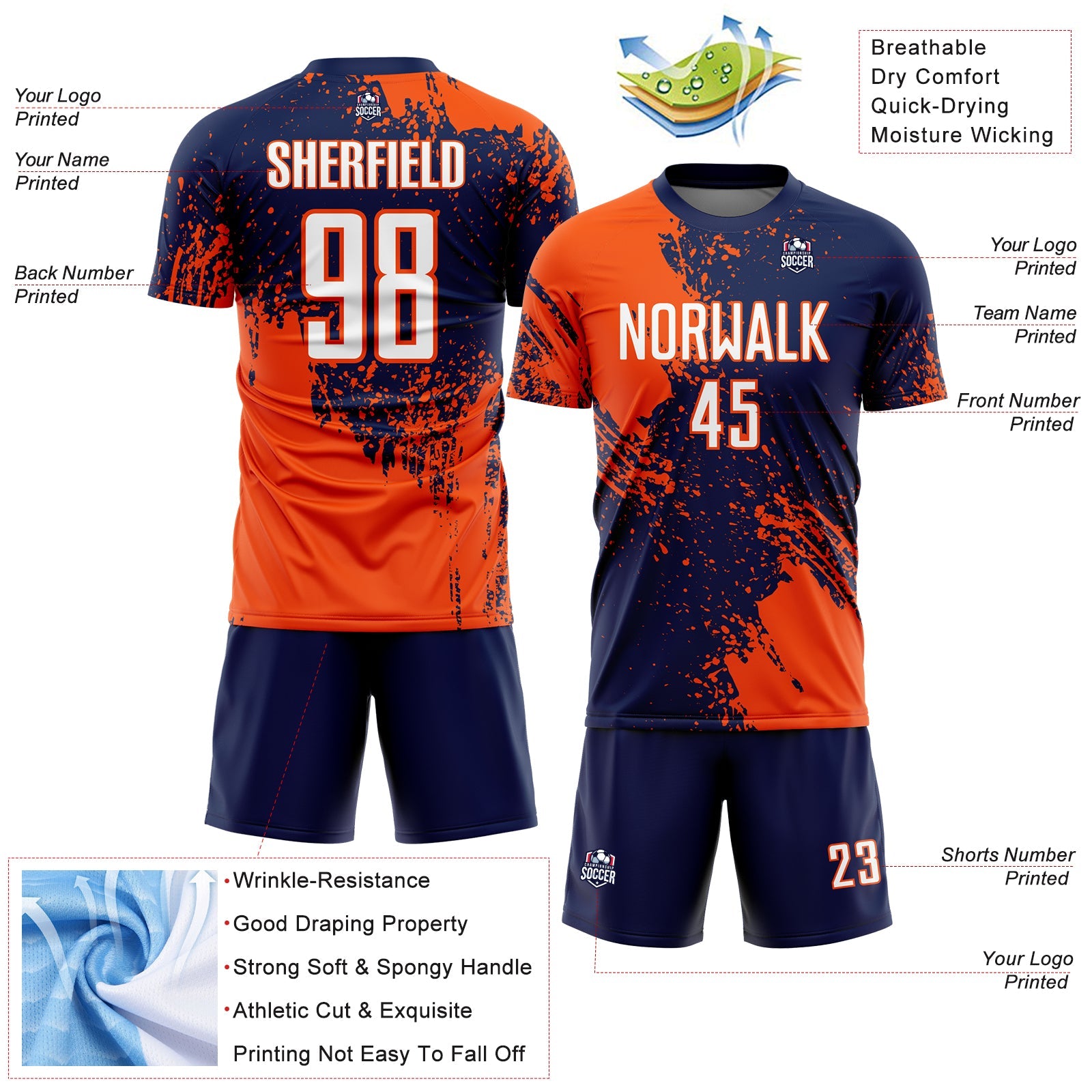 Custom Navy White-Orange Abstract Brush Stroke Sports Sublimation Soccer Uniform Jersey view 4