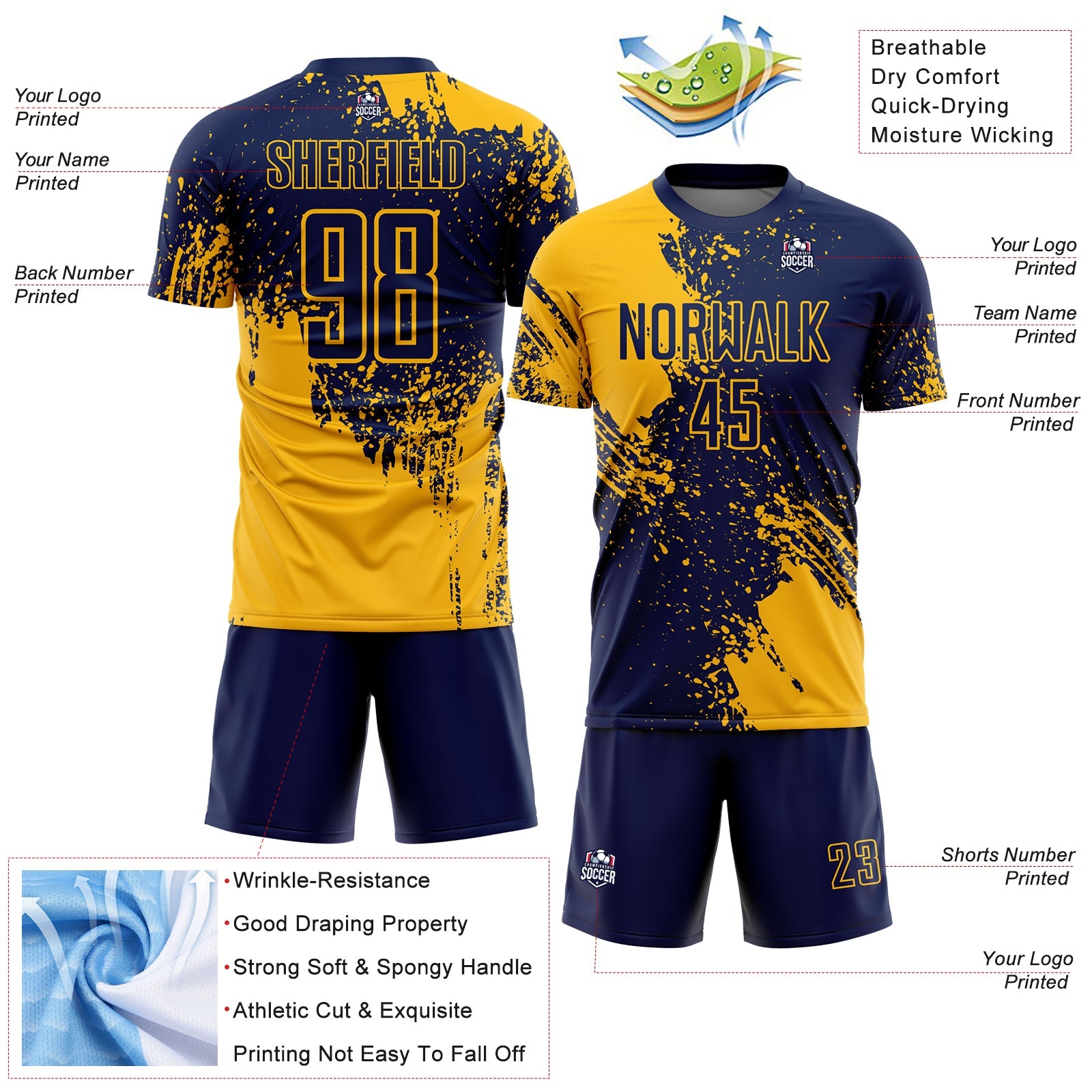 Custom Navy Gold Abstract Brush Stroke Sports Sublimation Soccer Uniform Jersey view 4