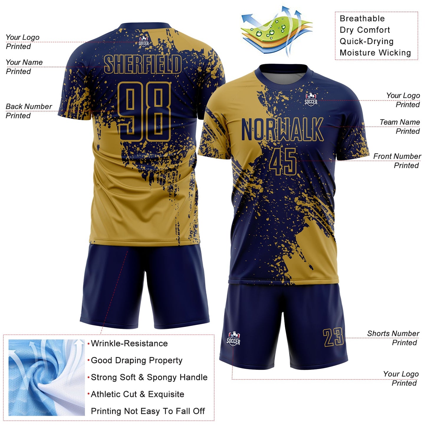 Custom Navy Old Gold Abstract Brush Stroke Sports Sublimation Soccer Uniform Jersey view 4