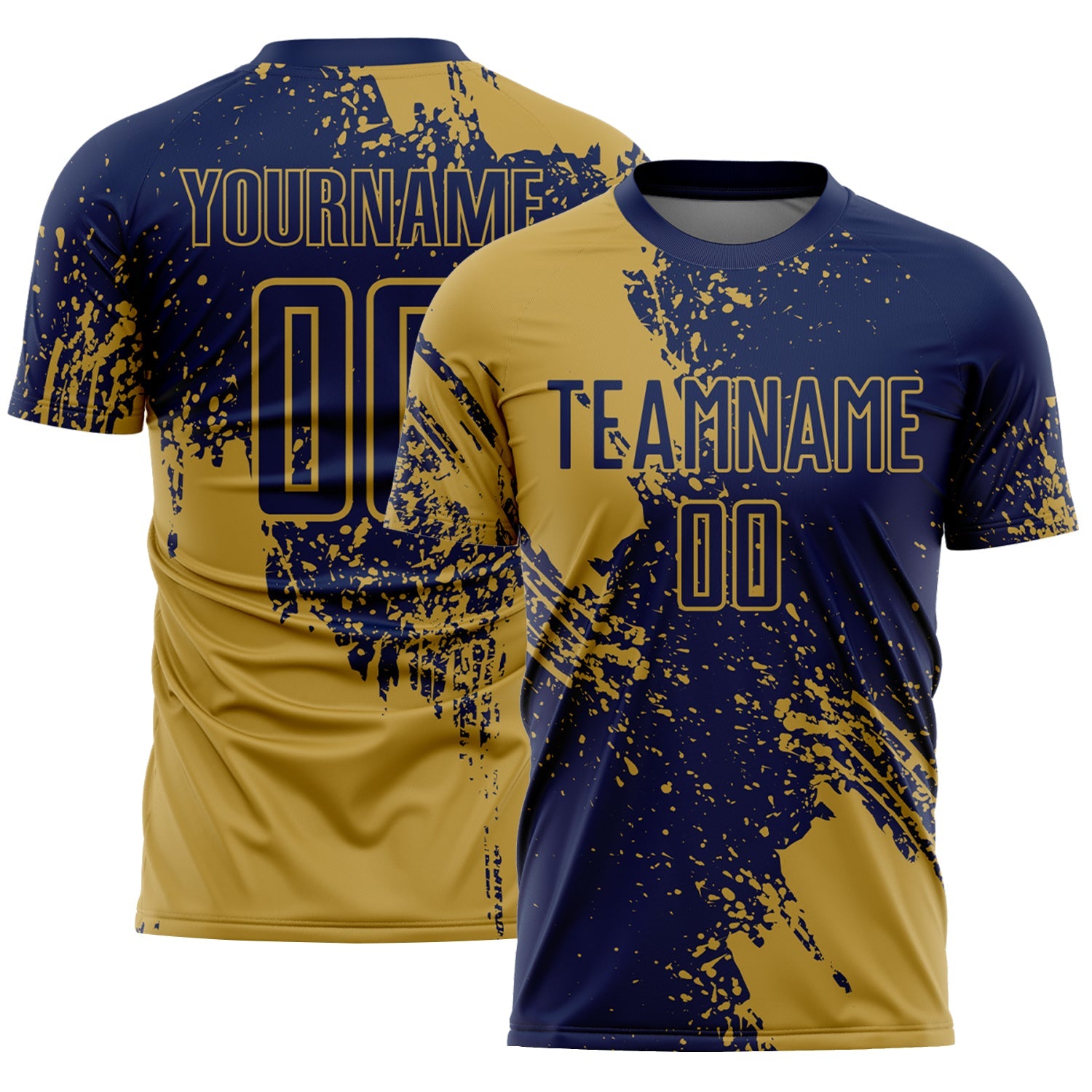 Custom Navy Old Gold Abstract Brush Stroke Sports Sublimation Soccer Uniform Jersey - Main View