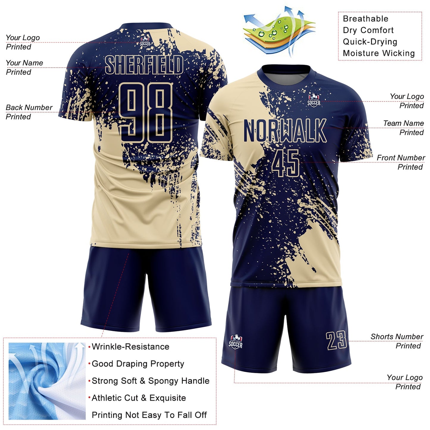 Custom Navy Cream Abstract Brush Stroke Sports Sublimation Soccer Uniform Jersey view 4