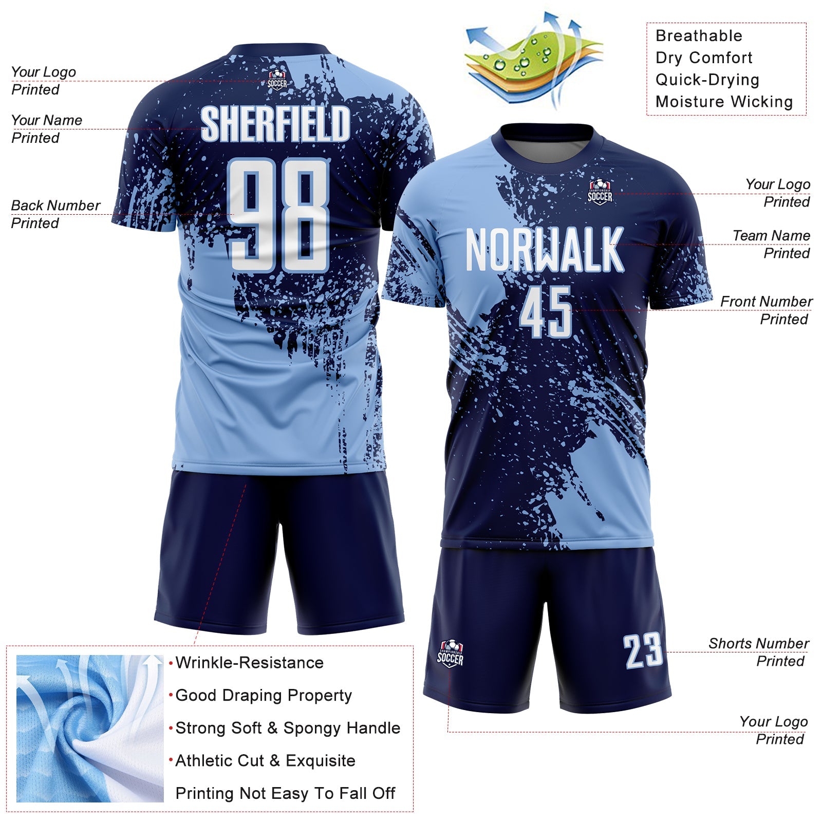 Custom Navy White-Light Blue Abstract Brush Stroke Sports Sublimation Soccer Uniform Jersey view 4