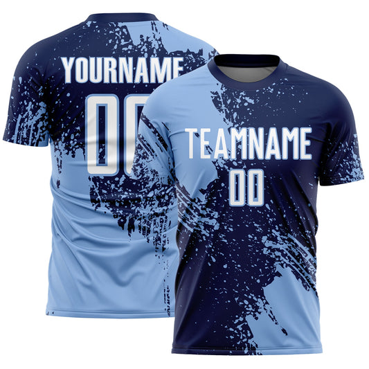 Custom Navy White-Light Blue Abstract Brush Stroke Sports Sublimation Soccer Uniform Jersey - Main View