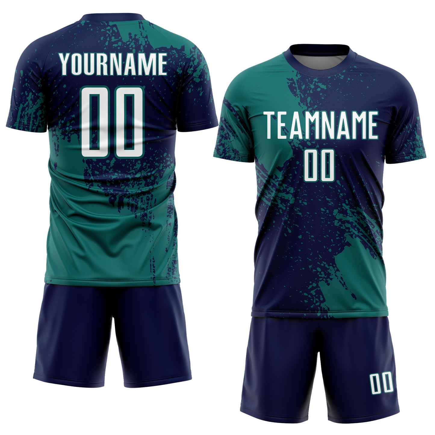 Custom Navy White-Teal Abstract Brush Stroke Sports Sublimation Soccer Uniform Jersey view 2