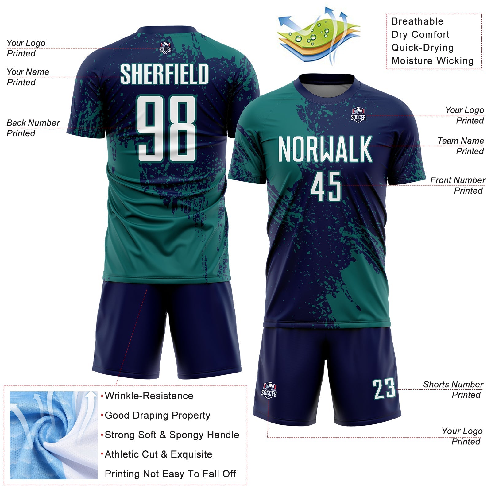 Custom Navy White-Teal Abstract Brush Stroke Sports Sublimation Soccer Uniform Jersey view 4