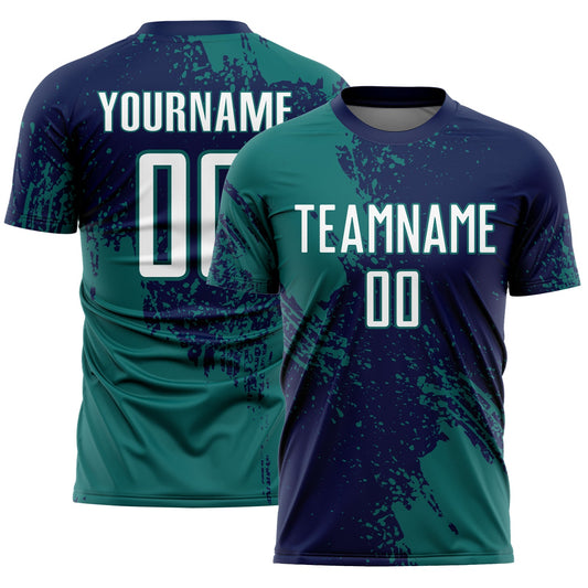 Custom Navy White-Teal Abstract Brush Stroke Sports Sublimation Soccer Uniform Jersey - Main View