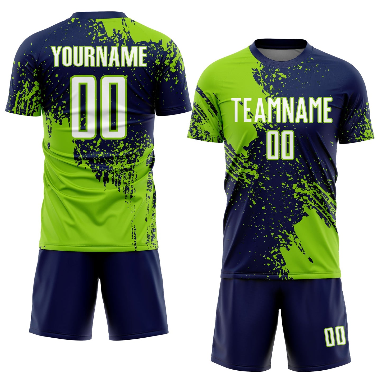 Custom Navy White-Neon Green Abstract Brush Stroke Sports Sublimation Soccer Uniform Jersey view 2