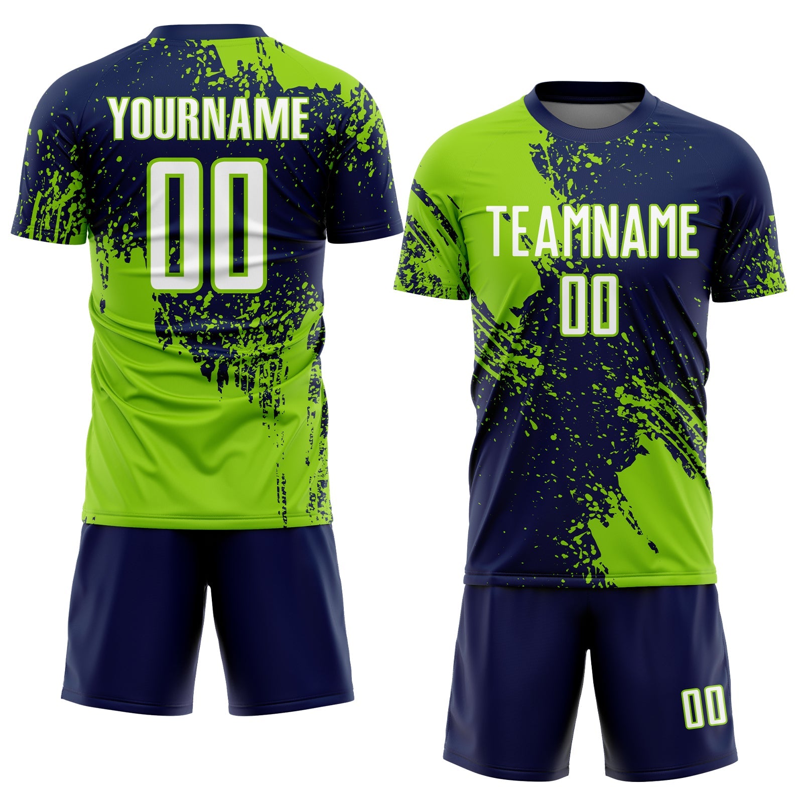 Custom Navy White-Neon Green Abstract Brush Stroke Sports Sublimation Soccer Uniform Jersey view 2