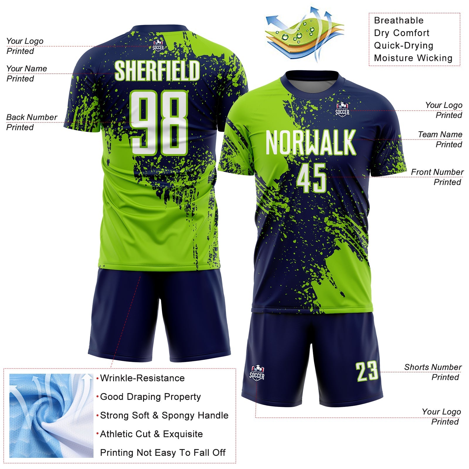 Custom Navy White-Neon Green Abstract Brush Stroke Sports Sublimation Soccer Uniform Jersey view 4