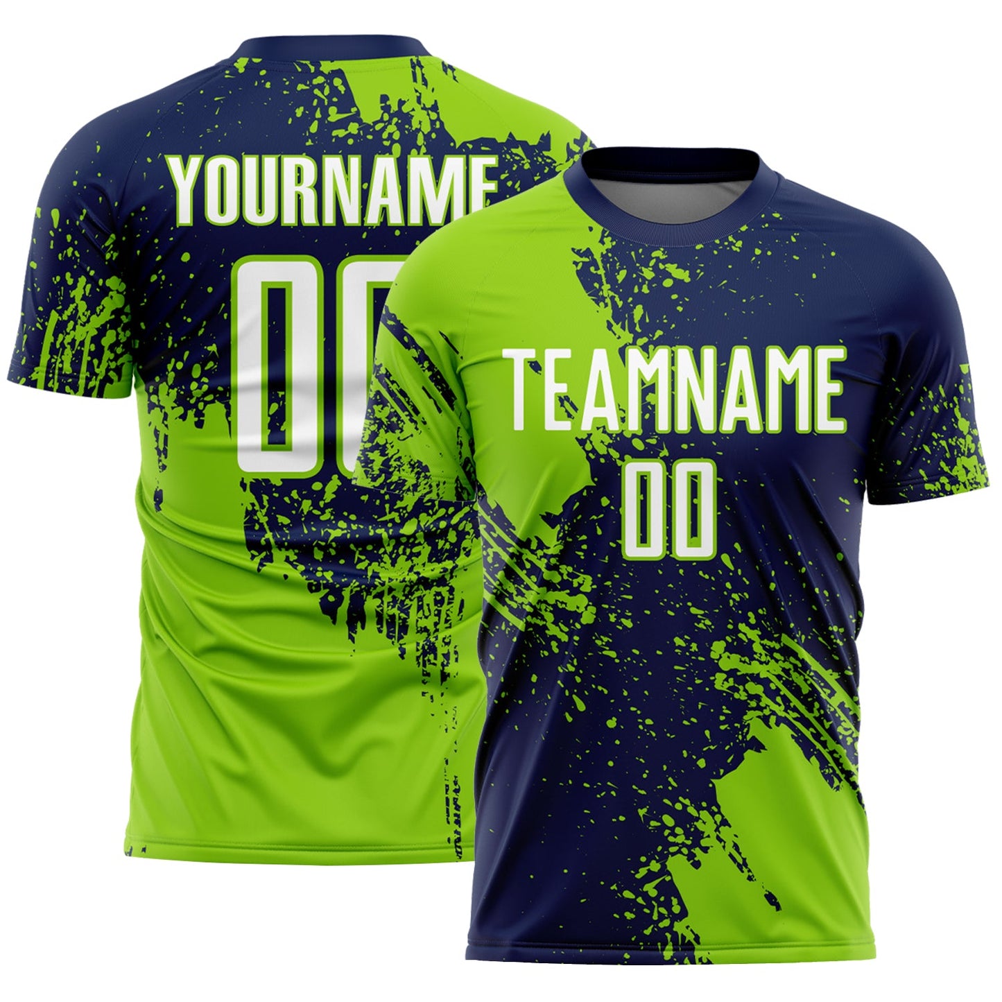 Custom Navy White-Neon Green Abstract Brush Stroke Sports Sublimation Soccer Uniform Jersey - Main View