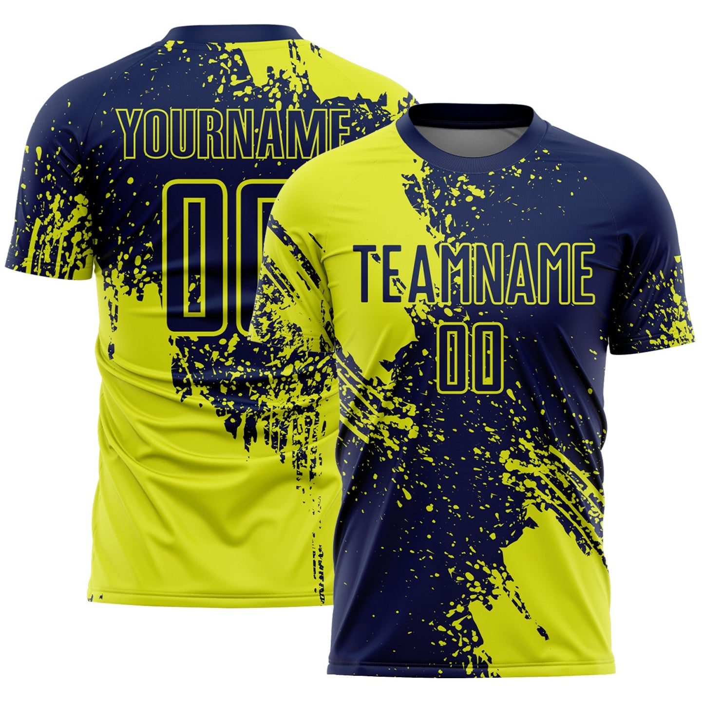 Custom Navy Neon Yellow Abstract Brush Stroke Sports Sublimation Soccer Uniform Jersey - Main View