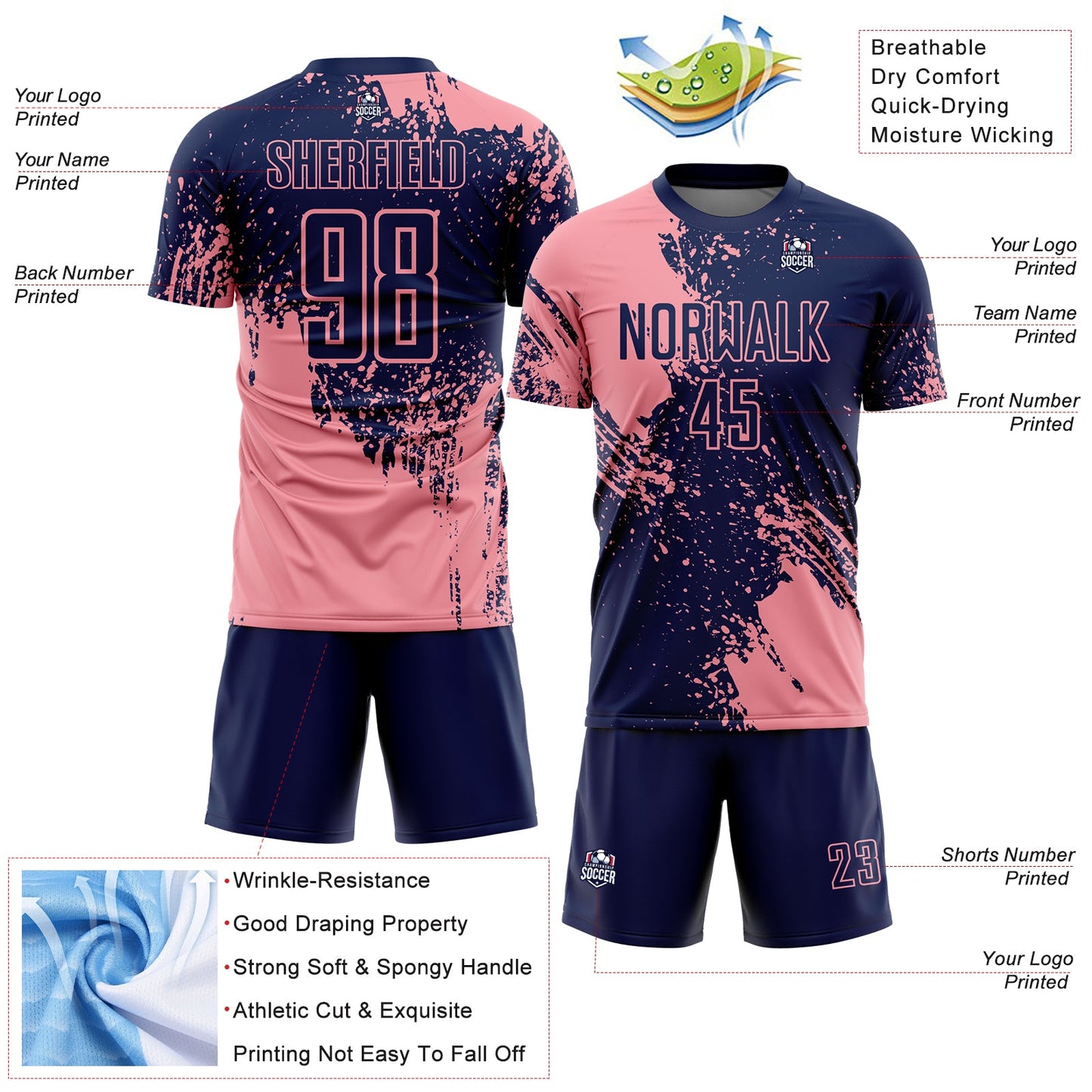 Custom Navy Medium Pink Abstract Brush Stroke Sports Sublimation Soccer Uniform Jersey view 4