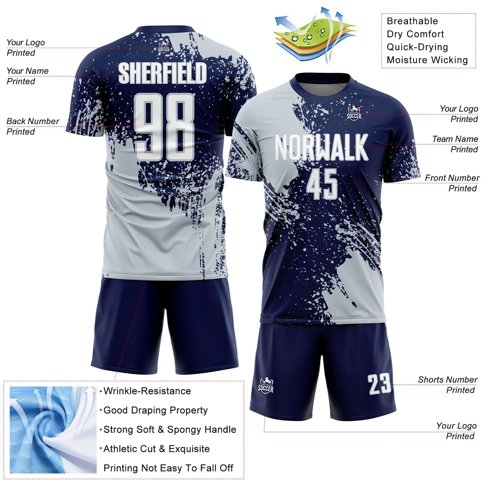 Custom Navy White-Silver Abstract Brush Stroke Sports Sublimation Soccer Uniform Jersey view 4