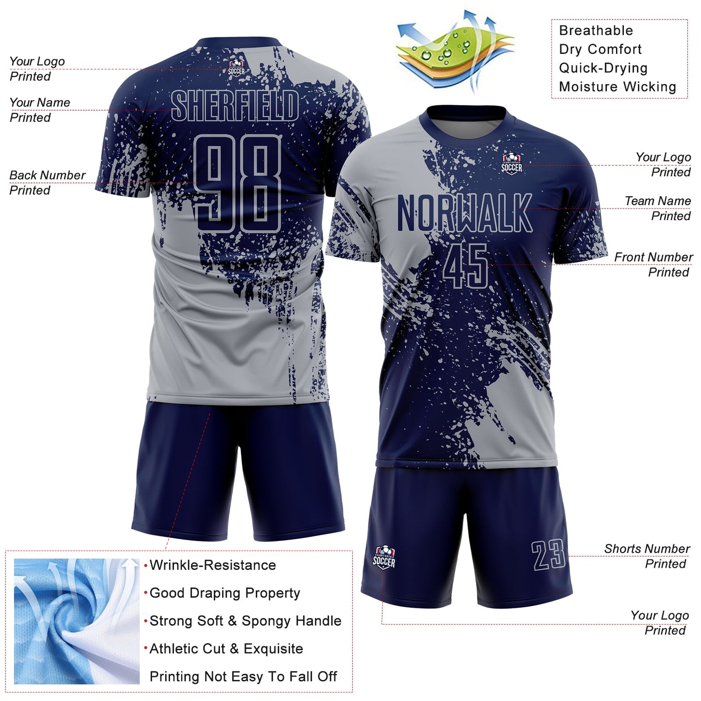 Custom Navy Gray Abstract Brush Stroke Sports Sublimation Soccer Uniform Jersey view 4
