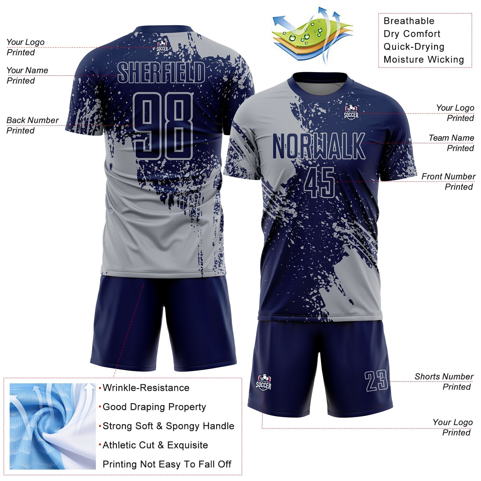 Custom Navy Gray Abstract Brush Stroke Sports Sublimation Soccer Uniform Jersey view 4