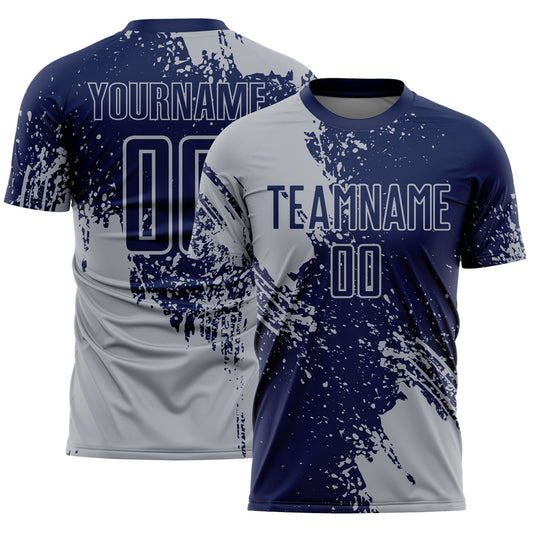Custom Navy Gray Abstract Brush Stroke Sports Sublimation Soccer Uniform Jersey - Main View