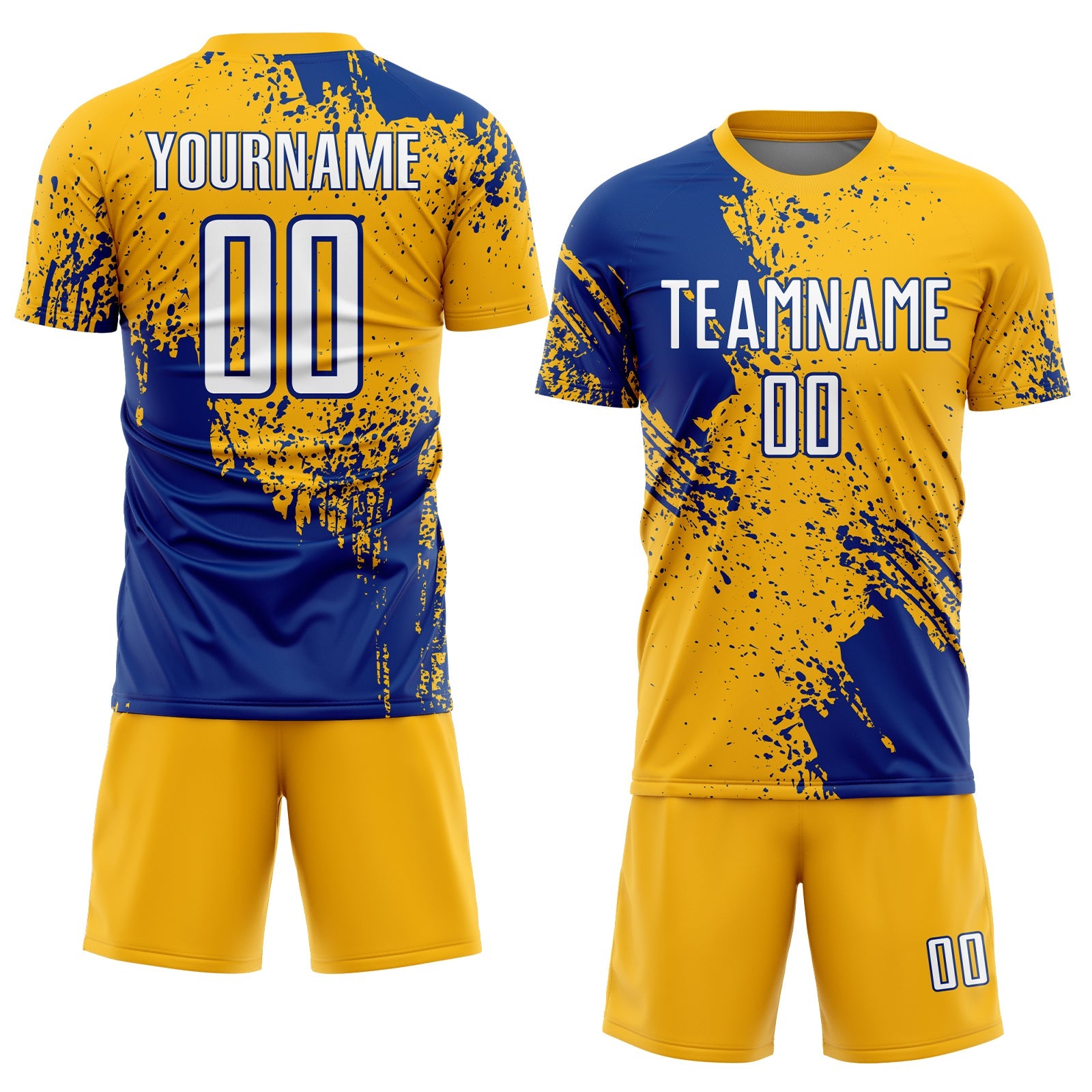 Custom Gold White-Royal Abstract Brush Stroke Sports Sublimation Soccer Uniform Jersey view 2