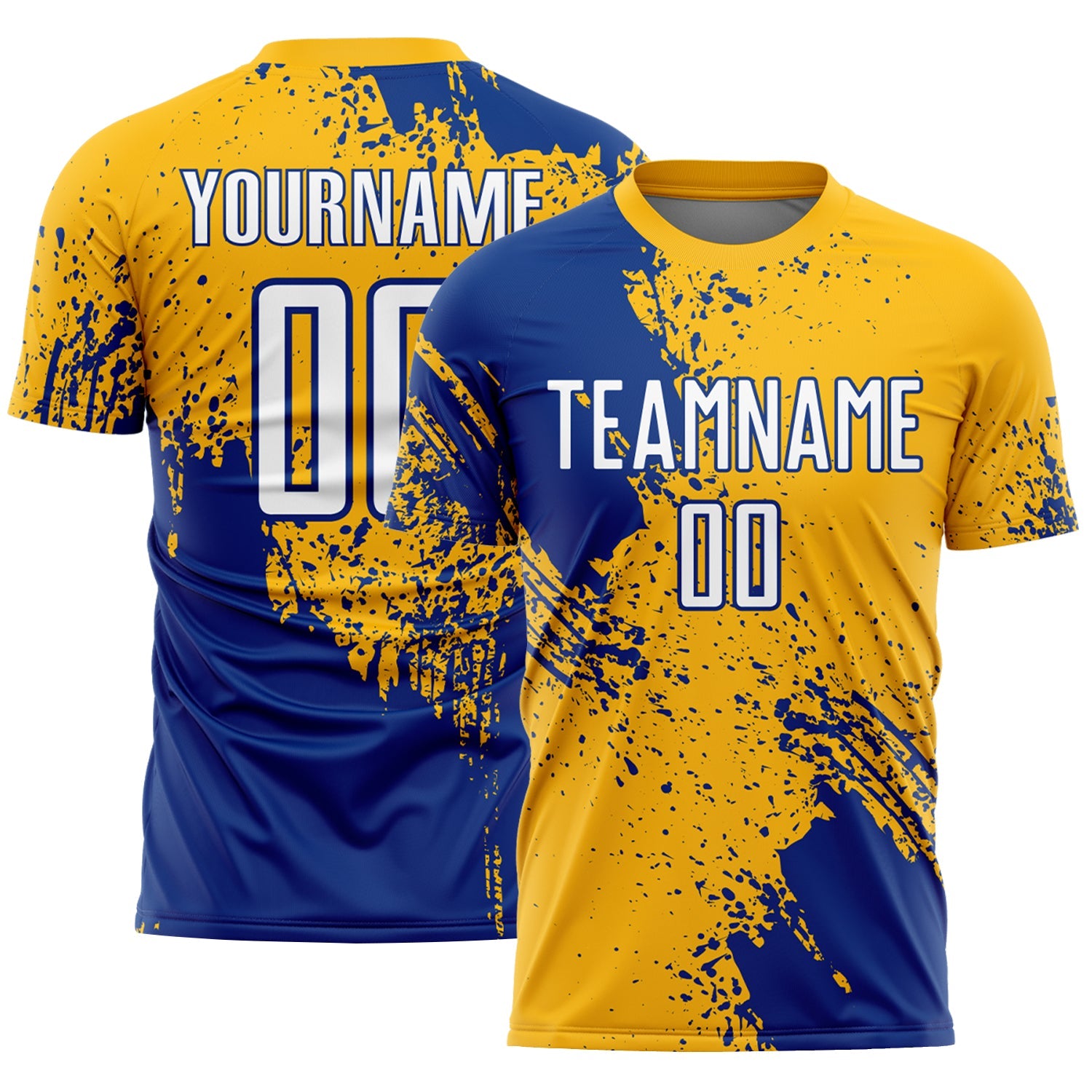 Custom Gold White-Royal Abstract Brush Stroke Sports Sublimation Soccer Uniform Jersey - Main View