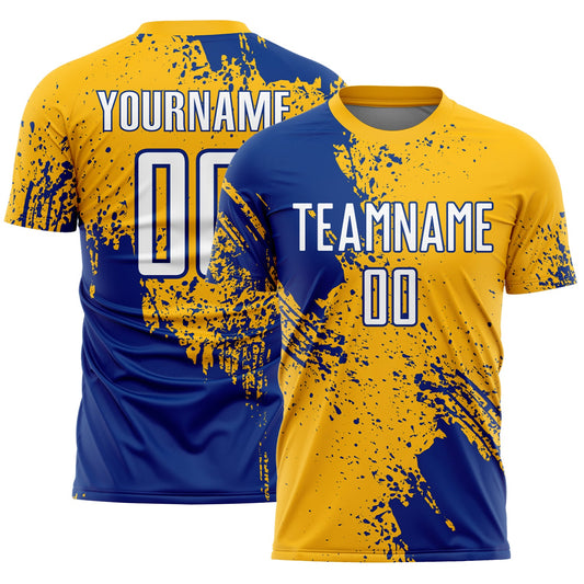 Custom Gold White-Royal Abstract Brush Stroke Sports Sublimation Soccer Uniform Jersey - Main View