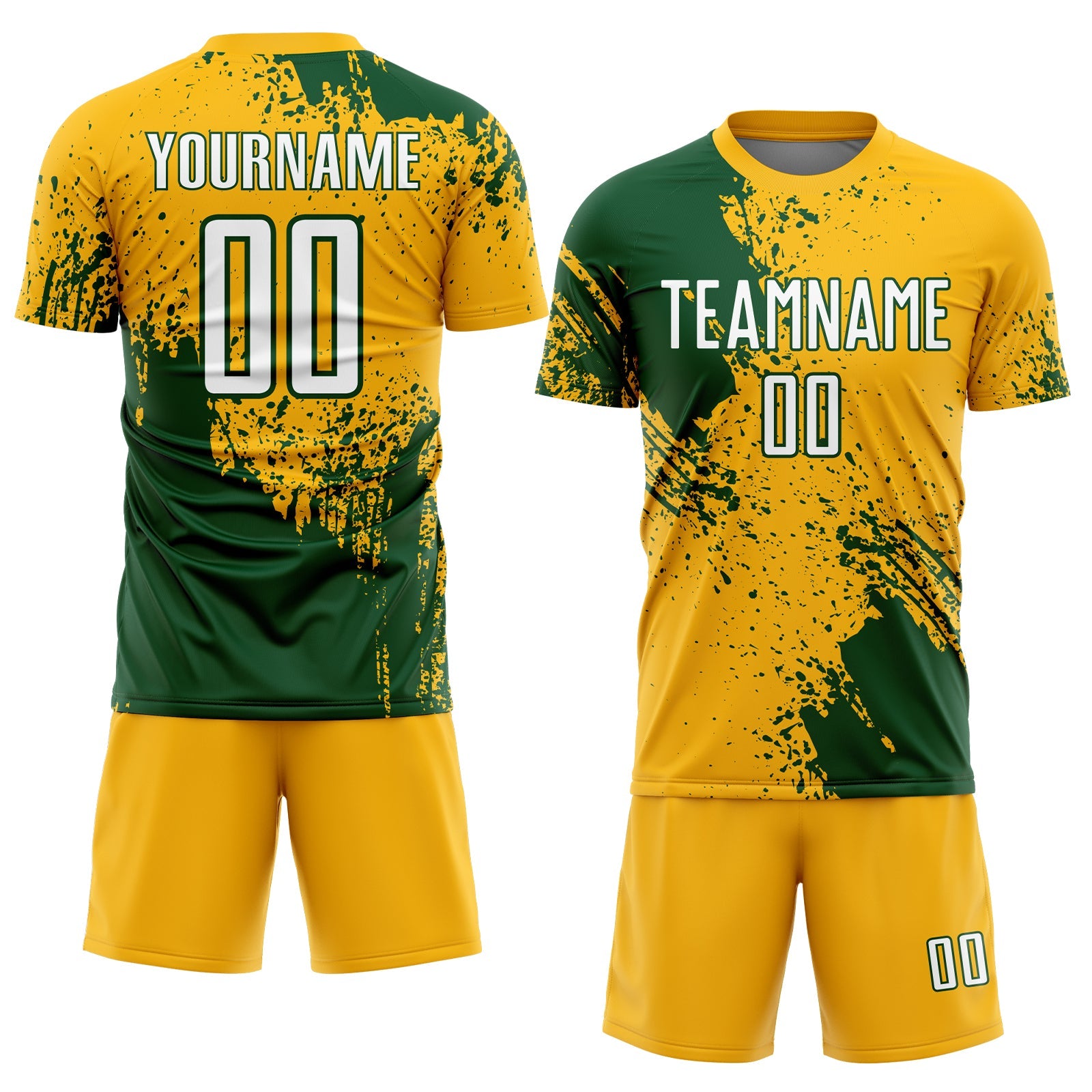 Custom Gold White-Green Abstract Brush Stroke Sports Sublimation Soccer Uniform Jersey view 2