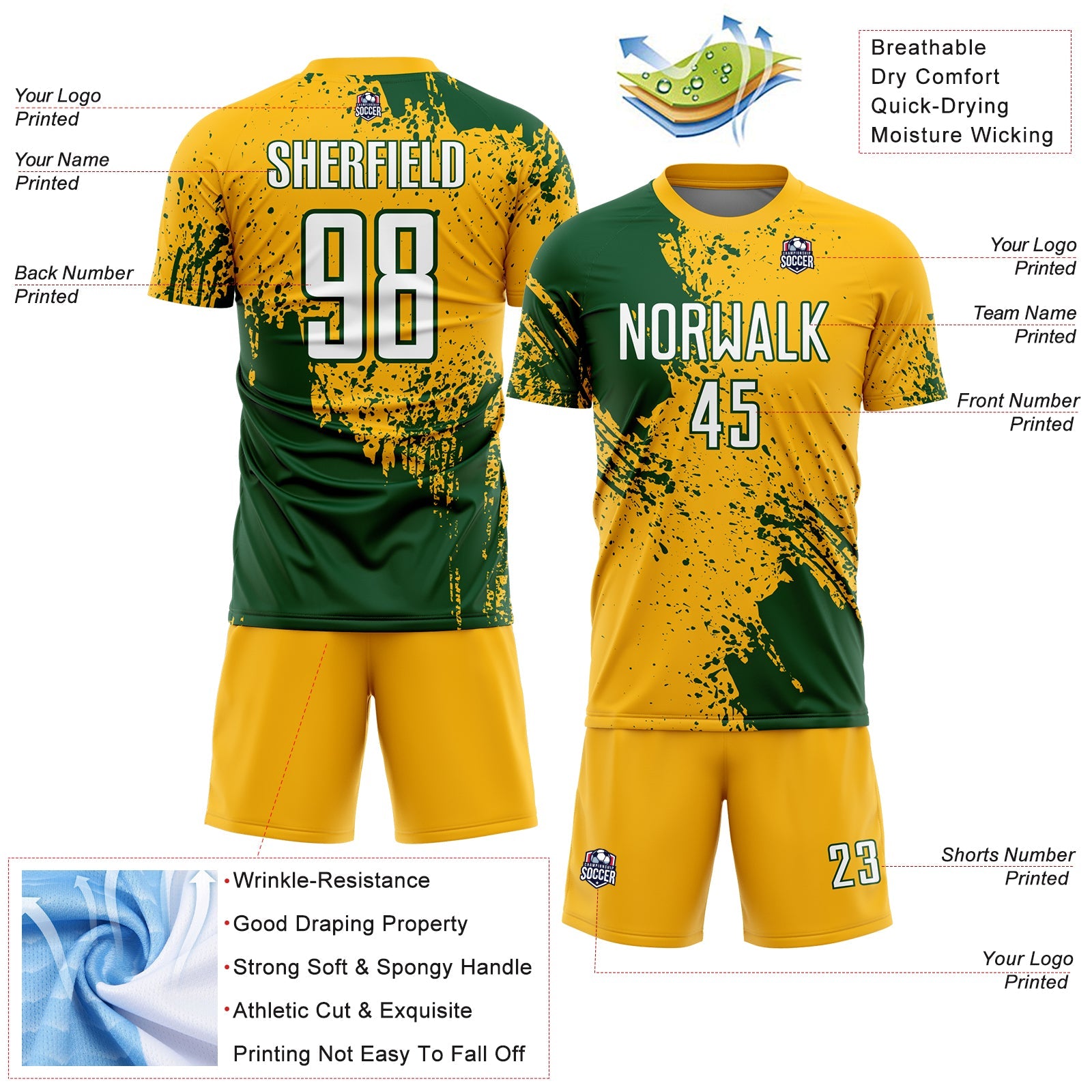 Custom Gold White-Green Abstract Brush Stroke Sports Sublimation Soccer Uniform Jersey view 4