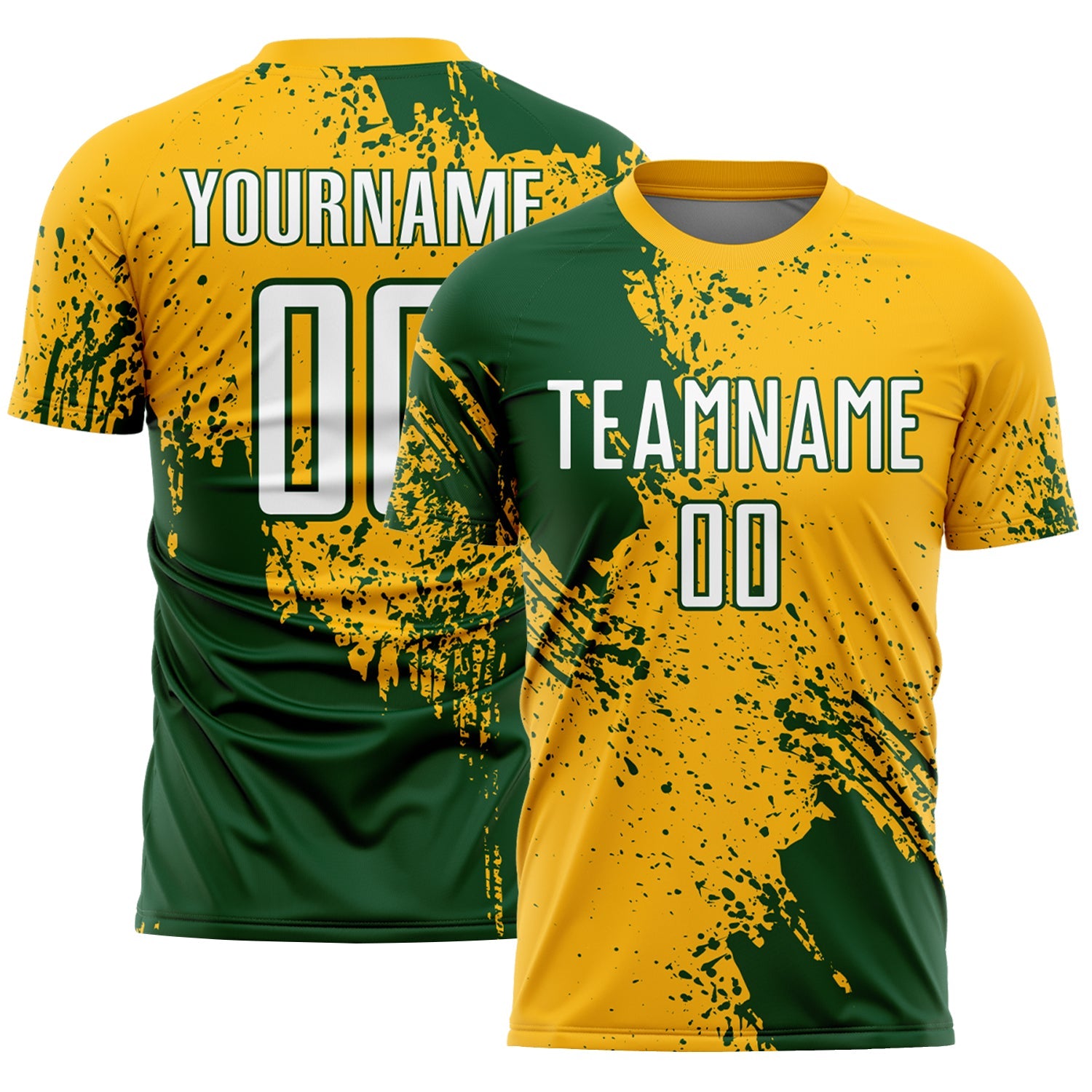 Custom Gold White-Green Abstract Brush Stroke Sports Sublimation Soccer Uniform Jersey - Main View