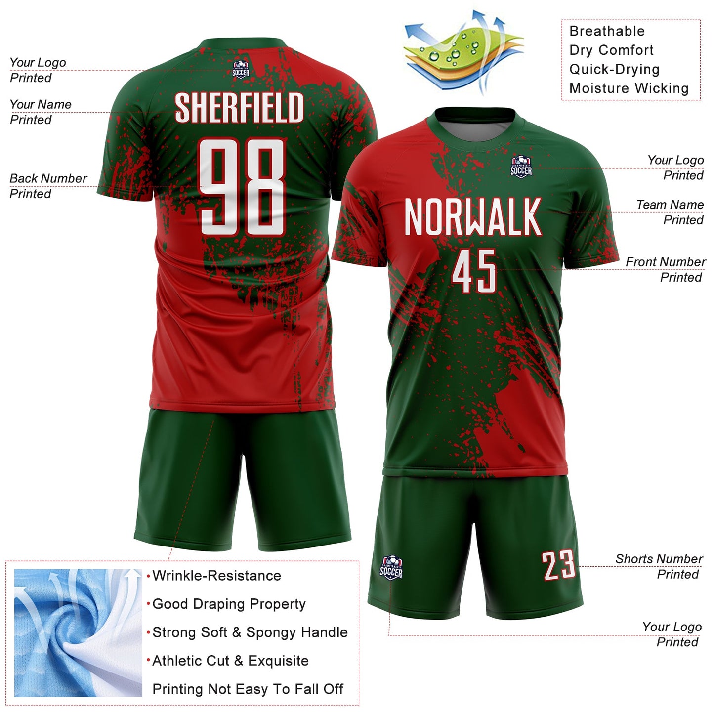 Custom Green White-Red Abstract Brush Stroke Sports Sublimation Soccer Uniform Jersey view 4