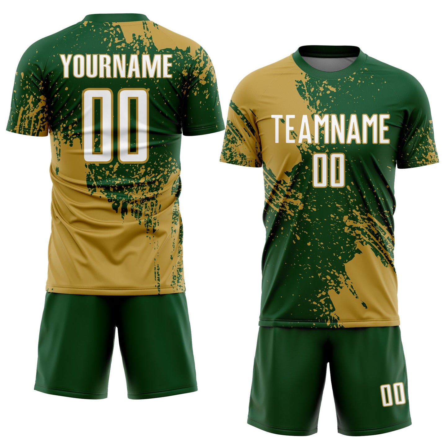 Custom Green White-Old Gold Abstract Brush Stroke Sports Sublimation Soccer Uniform Jersey view 2