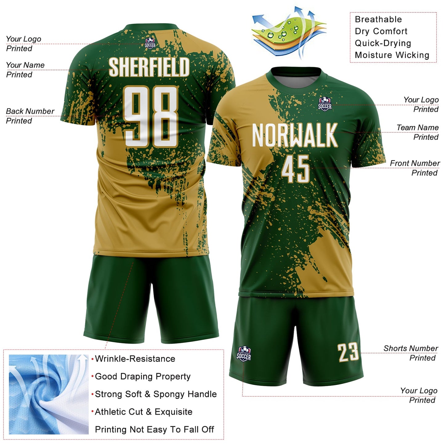 Custom Green White-Old Gold Abstract Brush Stroke Sports Sublimation Soccer Uniform Jersey view 4