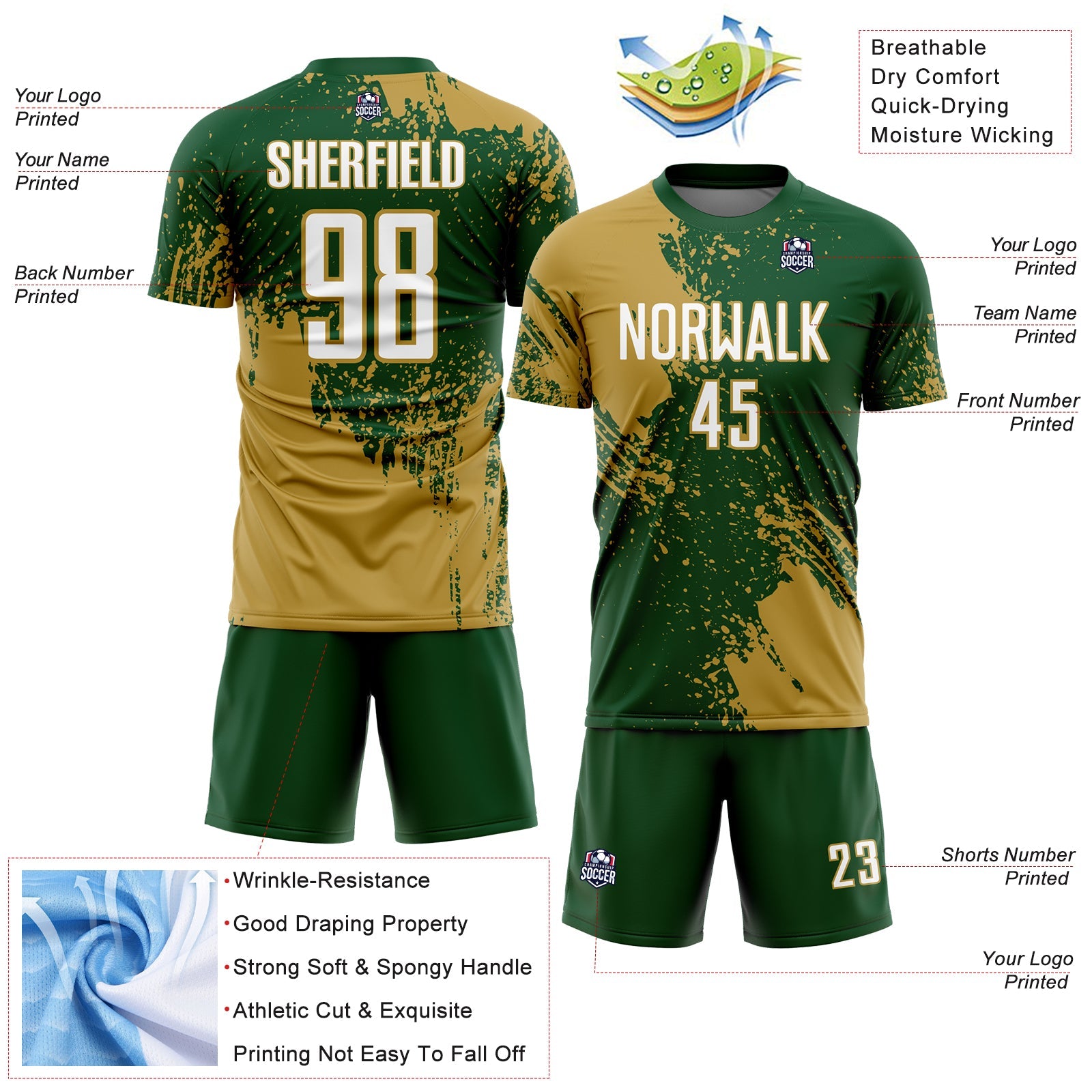 Custom Green White-Old Gold Abstract Brush Stroke Sports Sublimation Soccer Uniform Jersey view 4