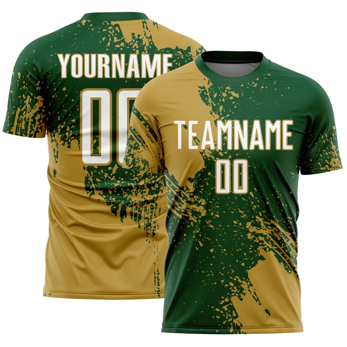 Custom Green White-Old Gold Abstract Brush Stroke Sports Sublimation Soccer Uniform Jersey - Main View