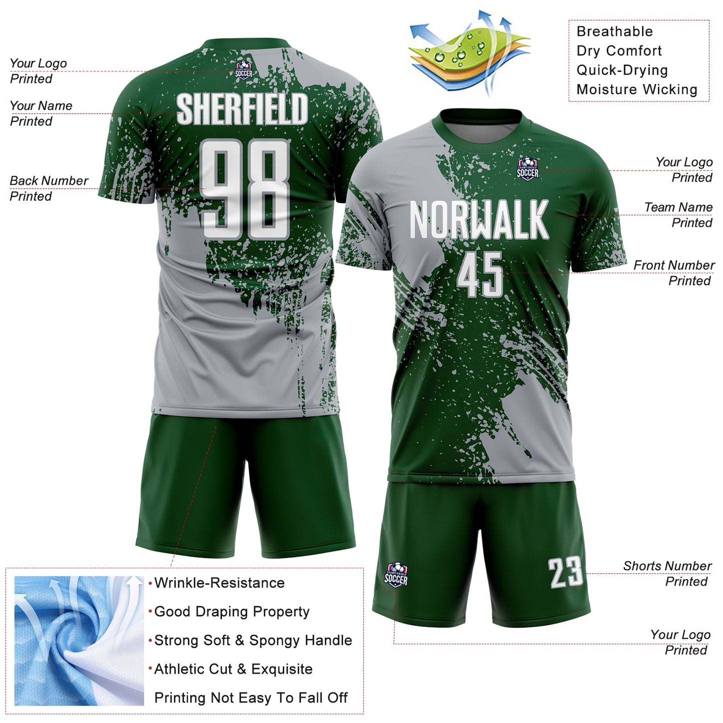 Custom Green White-Gray Abstract Brush Stroke Sports Sublimation Soccer Uniform Jersey view 4